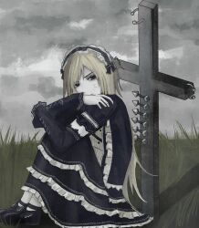 1girl bkn_ssss black_dress bow dress frilled_dress frilled_hairband frills gothic_lolita hairband highres lolita_fashion lolita_hairband long_hair long_sleeves looking_at_viewer original ribbon solo very_long_hair