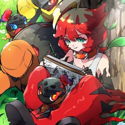 1girl against_tree ahoge armarouge ayo_(ayosanri009) blonde_hair boots charcadet closed_mouth collar collarbone commentary_request day drawing_(action) eyelashes falling_leaves freckles gen_3_pokemon green_eyes holding holding_pencil leaf mela_(pokemon) multicolored_hair nail_polish nintendo orange_collar outdoors pencil pokemon pokemon_(creature) pokemon_sv red_footwear red_hair sitting smile thigh_boots torkoal tree two-tone_hair vest