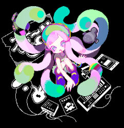 1girl baseball_cap black_background blue_hair colored_extremities colored_eyelashes colored_sclera commentary_request drooling fish floating_hair full_body green_eyes green_hair green_shirt green_shorts grey_hat hair_ornament hair_scrunchie harmony&#039;s_clownfish_(splatoon) harmony_(splatoon) hat high_tops highres long_eyelashes long_hair mouth_drool multicolored_eyes multicolored_hair multicolored_scarf nekoolantern nintendo open_mouth pink_eyes pink_hair pink_sclera pixel_art purple_shoes scarf scrunchie shirt shoes short_sleeves shorts sitting sneakers solo splatoon_(series) splatoon_3 striped_hat t-shirt tentacle_hair two-sided_fabric two-sided_headwear two-tone_eyes two-tone_hat very_long_hair yellow_hat