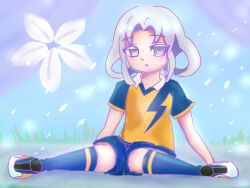 1girl akasode_matsuri_(inazuma_eleven) blue_shirt blue_shorts blue_socks collar flat_chest grey_eyes grey_hair hakkou_soft inazuma_eleven_(series) inazuma_eleven_victory_road large_variant_set medium_hair parted_lips raimon raimon_soccer_uniform shirt short_sleeves shorts sidelocks sitting soccer_uniform socks solo sportswear two-tone_shirt variant_set white_collar yellow_shirt