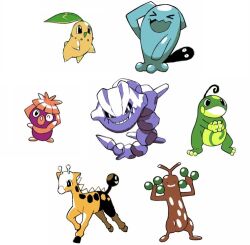 &gt;_&lt; :d black_eyes chikorita closed_mouth gen_2_pokemon girafarig looking_at_viewer nintendo no_humans one_eye_closed open_mouth own_hands_together pokemon pokemon_(creature) politoed simple_background smile smoochum steelix sudowoodo tyako_089 white_background wobbuffet