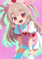 1girl :d apron bandaged_wrist bandages blonde_hair bright_pupils center_frills collared_shirt commentary_request dress_shirt fang frills hair_ornament hands_on_legs hat highres long_hair looking_at_viewer natori_sana nurse_cap open_mouth orange_eyes pink_apron pink_background pink_hat puffy_short_sleeves puffy_sleeves rabbit_hair_ornament sana_channel shirt short_sleeves skin_fang smile solo striped_background takarai_shunsuke thighhighs two_side_up virtual_youtuber white_pupils white_shirt white_thighhighs