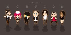 2girls 5boys black_hair bleach blonde_hair blue_eyes brown_eyes chibi dark_skin dokugamine_riruka eyepatch facial_hair ginjou_kuugo green_eyes hat jackie_tristan kutsuzawa_giriko locoe long_image multiple_boys multiple_girls mustache shishigawara_moeh smile tsukishima_shuukurou wide_image yukio_hans_vorarlberna