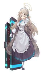 Rule 34 | 1girl, absurdres, akane (blue archive), apron, arm under breasts, bei qi, black dress, blue archive, breasts, brown hair, brown halo, commentary, dress, explosive, full body, glasses, gloves, halo, highres, large breasts, long hair, long sleeves, looking at viewer, maid, maid apron, maid headdress, semi-rimless eyewear, solo, standing, symbol-only commentary, white apron, white gloves