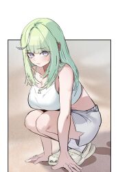 1girl absurdres bamul bare_arms bare_shoulders blue_eyes breasts camisole cleavage closed_mouth crocs crop_top green_hair highres large_breasts long_hair looking_at_viewer midriff multicolored_hair official_alternate_costume shirt short_shorts shorts sleeveless sleeveless_shirt smile socks solo spaghetti_strap squatting stellive streaked_hair thighs virtual_youtuber white_shirt white_shorts white_socks yuzuha_riko