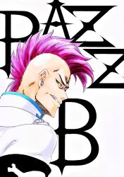 Rule 34 | 1boy, alpen no koyari, angry, bazz-b, bleach, bleach: sennen kessen-hen, character name, clenched teeth, commentary, earrings, fang, from behind, green eyes, highres, jacket, jewelry, kubo tite (style), looking at viewer, looking back, male focus, medium hair, mohawk, nose, official style, pink hair, profile, sideways glance, simple background, solo, teeth, thick eyebrows, tsurime, upper body, v-shaped eyebrows, white background, white jacket