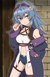 Rule 34 | 1girl, blue hair, breasts, brown eyes, brown thighhighs, closed mouth, eyebrows hidden by hair, hair between eyes, hair intakes, hairband, hand on own hip, jacket, katainaka no ossan kensei ni naru, long hair, looking at viewer, mewi freya, navel, onomekaman, pointing, pointing at self, purple hairband, purple jacket, shirt, short shorts, shorts, small breasts, smile, solo, stomach, thigh strap, thighhighs, white shirt