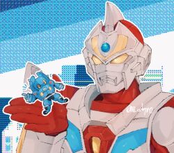 Rule 34 | armor, blue skin, colored skin, company connection, crossover, denkou choujin gridman, gridman (character), gridman universe, highres, hirose yuya, male focus, mecha, ni celery pk, no humans, one eye closed, robot, shoulder armor, tokusatsu, tsuburaya productions, ultra series, ultraman arc (series), voice actor connection, yellow eyes, youpi (ultraman arc)
