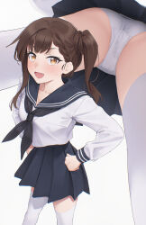 1girl :d ass blue_neckerchief blue_sailor_collar blue_skirt blush braid braided_bangs breasts brown_eyes brown_hair cameltoe cleavage collarbone commentary_request crop_top crop_top_overhang crotch_seam fang from_above from_below hands_on_own_hips high-waist_skirt highres kotobuki_hisako large_breasts long_hair long_sleeves looking_at_viewer medium_breasts mikazuchi_zeus mtu_virus multiple_views neckerchief one_side_up open_mouth panties pantyshot picot_trim_panties pleated_skirt sailor_collar school_uniform seitokai_ni_mo_ana_wa_aru! serafuku shirt side_braid side_ponytail simple_background single_sidelock skirt smile standing sweatdrop thighhighs underwear upskirt white_background white_panties white_shirt white_thighhighs zettai_ryouiki
