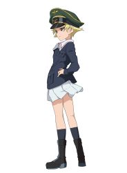 10s 1girl black_boots black_socks blonde_hair blue_jacket boots brown_eyes closed_mouth erwin_(girls_und_panzer) female_focus from_side full_body girls_und_panzer goggles goggles_on_headwear green_hat green_shirt hand_on_own_hip hat highres jacket kicchi_(tmgk) long_sleeves military military_hat military_uniform miniskirt ooarai_military_uniform peaked_cap pleated_skirt pointy_hair shirt short_hair skirt smile socks solo standing transparent_background white_skirt zipper