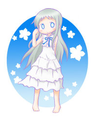 Rule 34 | 1girl, ano hi mita hana no namae wo bokutachi wa mada shiranai., bare arms, bare shoulders, barefoot, blue background, blue eyes, blue ribbon, blush, closed mouth, commentary request, dress, floral background, frilled dress, frills, full body, grey hair, honma meiko, long hair, naga u, neck ribbon, ribbon, sleeveless, sleeveless dress, smile, solo, standing, two-tone background, very long hair, white background, white dress