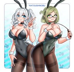 2girls absurdres animal_ear_hairband animal_ears bare_shoulders black_choker black_leotard black_pantyhose blue_eyes blush bow bowtie breasts choker cleavage covered_navel dated detached_collar fake_animal_ears fake_tail folded_ponytail green_eyes grey_hair hairband highleg highleg_leotard highres holding holding_riding_crop kantai_collection kashima_(kancolle) katori_(kancolle) katou_shinobu large_breasts leotard lips long_hair looking_at_viewer multiple_girls one-hour_drawing_challenge pantyhose parted_lips playboy_bunny rabbit_ear_hairband rabbit_ears rabbit_tail riding_crop rimless_eyewear smile strapless strapless_leotard tail thighband_pantyhose traditional_bowtie twintails twitter_username v white_wrist_cuffs wrist_cuffs
