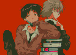 2boys black_hair black_jacket black_necktie black_pants book book_stack brown_cardigan cardigan collared_shirt fishcoooo grey_hair highres ikari_shinji jacket leaning_on_object long_sleeves male_focus mask mouth_mask multiple_boys nagisa_kaworu necktie neon_genesis_evangelion pants puffy_long_sleeves puffy_sleeves red_background red_eyes shirt simple_background white_shirt