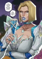 1girl absurdres blonde_hair blue_eyes blue_lips censored cum cum_in_container cum_in_cup cup cyberboi emma_frost english_text glass highres holding holding_cup looking_at_viewer marvel marvel_rivals mosaic_censoring short_hair solo speech_bubble upper_body