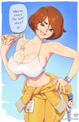 1girl april_o&#039;neil blue_sky body_freckles breasts brown_hair cheese cheese_trail cleavage clothes_around_waist commentary covered_erect_nipples crop_top english_commentary english_text fingernails food freckles green_eyes grin head_tilt highres jumpsuit kajin_(kajinman) large_breasts looking_at_viewer microphone mole mole_on_breast mole_on_stomach multiple_moles narrow_waist pizza red_nails see-through_clothes sharp_fingernails short_hair sky smile solo spaghetti_strap speech_bubble sweaty_clothes tank_top teenage_mutant_ninja_turtles teenage_mutant_ninja_turtles_(1987) white_tank_top yellow_jumpsuit