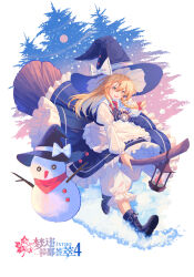 Rule 34 | 1girl, absurdres, apron, black boots, black hat, black vest, blonde hair, boots, bow, bowtie, braid, broom, broom riding, chinese commentary, chinese text, commentary request, frilled skirt, frills, hair bow, hat, hat bow, highres, kirisame marisa, lace-up boots, lantern, long hair, looking at viewer, mini-hakkero, minuo, open mouth, red bow, red bowtie, red scarf, scarf, side braid, single braid, skirt, smile, snow, snowman, solo, touhou, translation request, vest, waist apron, white apron, white bow, winter, witch hat, yellow eyes