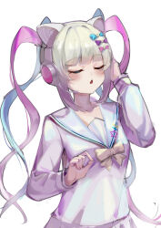 1girl :o absurdres animal_ear_headphones animal_ears blonde_hair blue_bow blue_serafuku bow bowtie breasts chinese_commentary chouzetsusaikawa_tenshi-chan closed_eyes commentary_request fake_animal_ears hair_bow hair_ornament hand_on_headset headphones headset heart heart_hair_ornament highres holographic_clothing long_hair long_sleeves multicolored_hair multiple_hair_bows needy_girl_overdose pink_bow pink_hair purple_bow quad_tails school_uniform serafuku shirt simple_background solo sterlank upper_body very_long_hair white_background white_shirt yellow_bow yellow_bowtie