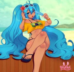 Rule 34 | 1girl, aqua eyes, aqua hair, beach, bikini, bikini under clothes, biotari, black bikini, bracelet, brazilian flag, brazilian flag print, brazilian miku, crossed legs, day, eyewear on head, flag print, flip-flops, flower, food, hair flower, hair ornament, hatsune miku, highres, hill, holding, holding food, holding popsicle, jewelry, long hair, midriff, off-shoulder shirt, off shoulder, open mouth, outdoors, popsicle, print shirt, red flower, sandals, shirt, short sleeves, signature, solo, sunglasses, swimsuit, tongue, tongue out, very long hair, vocaloid, white-framed eyewear, yellow shirt