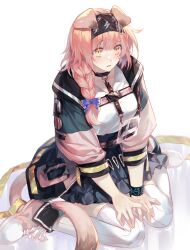 1girl animal_ears arknights bamsot black_choker black_hairband black_skirt blue_bow blush boots bow braid cat_ears cat_girl cat_tail choker commentary d: full_body goldenglow_(arknights) grey_jacket hair_bow hair_ornament hairband hairclip highres id_card jacket lanyard lightning_bolt_print long_hair miniskirt open_clothes open_jacket open_mouth parted_lips pink_boots pink_hair pink_jacket pleated_skirt puffy_sleeves raised_inner_eyebrows shirt side_braid simple_background sitting skirt solo t-shirt tail thighhighs three-quarter_sleeves wariza white_background white_shirt white_thighhighs yellow_eyes