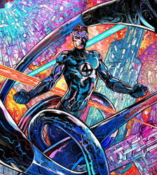 Rule 34 | 1boy, abstract background, black gloves, blue bodysuit, bodysuit, building, colorful background, dynamic pose, extendable limbs, fantastic four, glint, gloves, highres, looking at viewer, marvel, marvel snap, multicolored hair, official art, reed richards, science fiction, short hair, solo, solo focus, spandex, stretching, superhero costume, two-tone bodysuit, two-tone hair, vinartwork, western comics (style)