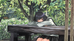 1girl ahoge arm_pillow bench black_hair black_sailor_collar black_skirt closed_eyes commentary_request covered_mouth cowboy_shot day hedge highres leaning_forward medium_hair original outdoors park park_bench pleated_skirt sailor_collar school_uniform serafuku shirt sitting skirt sleeping sleeves_past_wrists solo stone_wall table thursday_sphere tree white_shirt wooden_table
