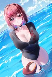 1girl :o akane_lize arms_behind_back bare_hips black_choker black_eyes black_one-piece_swimsuit blonde_hair blue_sky blush breasts breath choker cleavage cloud day dutch_angle gradient_hair highleg highleg_one-piece_swimsuit highres large_breasts lens_flare looking_at_viewer medium_hair mole mole_on_cheek multicolored_hair ocean one-piece_swimsuit outdoors partially_unzipped pink_hair red_hair sky solo sparkle stellive streaked_hair swimsuit thigh_grab virtual_youtuber wading wet yeomhwauranyum zipper_pull_tab