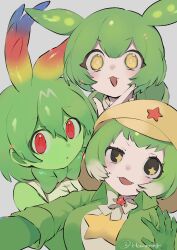 +_+ 3girls animal_ears black_eyes bow bowtie cellval color_connection crossover elbow_gloves extra_ears gloves green_hair grey_background hat highres honnoring jacket kemono_friends kemono_friends_3 keroro_(kemono_friends) keroro_gunsou long_hair looking_at_viewer multiple_crossover multiple_girls red_eyes shirt short_hair simple_background sleeveless sleeveless_shirt star_(symbol) voiceroid voicevox yellow_eyes zundamon