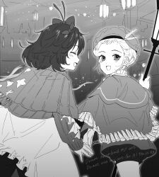 :d beret bow cloak closed_eyes cowboy_shot dress flutterpage from_behind greyscale hair_bow hat highres holding_hands holding_lamp lamplighter_(reverse:1999) lamppost looking_at_viewer looking_back monochrome ohuman open_mouth reverse:1999 shorts smile watermark