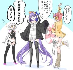 3girls animal_hood arm_up bandaged_arm bandages bikini black_jacket black_panties black_thighhighs blonde_hair blue_bikini blue_eyes commentary double_bun elbow_gloves fate/grand_order fate_(series) fingerless_gloves frankenstein&#039;s_monster_(swimsuit_saber)_(first_ascension)_(fate) gloves grey_hair hair_bun himeko_(nico6v6pachi) holding holding_swim_ring hood hood_up hooded_jacket horns innertube jack_the_ripper_(fate/apocrypha) jacket juliet_sleeves long_sleeves lowleg lowleg_panties meltryllis meltryllis_(fate) meltryllis_(swimsuit_lancer)_(fate) meltryllis_(swimsuit_lancer)_(first_ascension)_(fate) multicolored_jacket multiple_girls panties penguin_hood pink_hair prosthesis prosthetic_leg puffy_sleeves purple_hair scar scar_across_eye scar_on_face short_hair single_elbow_glove single_fingerless_glove single_horn sleeves_past_fingers sleeves_past_wrists string_panties swim_ring swimsuit thighhighs two-tone_jacket underwear yellow_eyes