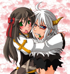 1boy 1girl ahoge arch_bishop_(ragnarok_online) blush bow brown_hair clover commentary_request cross dress four-leaf_clover fur_collar glasses green_eyes grin hair_bow heart hetero horns hug juliet_sleeves long_hair long_sleeves looking_at_viewer looking_to_the_side monou0135 puffy_sleeves ragnarok_online red-framed_eyewear red_bow shadow_chaser_(ragnarok_online) short_hair smile two-tone_dress upper_body white_hair yellow_horns