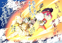 1girl amate_yuzuriha aqua_eyes axe axis_(gundam) beanie black_hat bodysuit char&#039;s_counterattack commentary_request fire glowing glowing_eyes gundam gundam_gquuuuuux haro hat heat_hawk holding holding_axe holding_weapon mecha mecha_pilot_suit mobile_suit multicolored_bodysuit no_humans normal_suit_(gundam) nu_gundam open_mouth pushing red_hair robot ryokasaka science_fiction short_hair space sweatdrop thrusters translation_request v-fin weapon