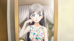 Rule 34 | 1girl, bare shoulders, bedroom, blue eyes, casual, cheek pull, collarbone, dress, ears visible through hair, female pov, floral print, fukuda tomonori, game cg, grey hair, highres, indoors, long hair, looking at viewer, lower teeth only, mirror, non-web source, official art, pov, robotics;notes, robotics;notes dash, sleeveless, sleeveless dress, solo, stuffed toy, sundress, tareme, tatami, teeth, tongue, yukifune airi