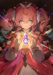 1girl aqua_eyes aqua_hair black_background commentary coreflame_(honkai:_star_rail) dress drill_hair hat highres honkai:_star_rail honkai_(series) hyacine_(honkai:_star_rail) long_hair multicolored_hair parted_lips red_dress red_hat snowflake_lantern solo symbol-only_commentary twin_drills twintails two-tone_hair