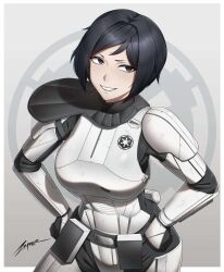 1girl ammunition_pouch armor black_eyes black_hair emblem galactic_empire_(star_wars) grey_background grin hands_on_own_hips highres pouch power_armor short_hair shoulder_pads signature single_shoulder_pad smile solo star_wars stormtrooper third-party_source zxpfer