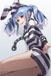 1girl absurdres animal_ears black_dress blue_hair breasts dress gag highres hololive looking_at_viewer lying multicolored_hair official_alternate_costume on_side orange_eyes panties prison_clothes rabbit_ears rabbit_girl sakahana small_breasts striped_clothes striped_dress two-tone_hair underwear usada_pekora usada_pekora_(prisoner) virtual_youtuber white_dress white_hair white_panties