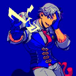 1boy :d absurdres blue_gloves cowboy_shot gloves grey_hair grey_pants guest_art hand_on_own_face highres lee_chaolan leebbunsik lower_teeth_only male_focus necktie non-web_source official_art open_mouth pants pixel_art purple_eyes red_necktie short_hair smile solo teeth tekken tekken_8
