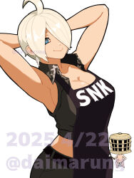 1girl angel_(kof) apron armpits arms_behind_head arms_up blue_eyes breasts cleavage crop_top daimaru_(s29y2c) hair_over_one_eye hands_in_hair highres large_breasts looking_at_viewer midriff navel official_alternate_costume short_hair smile snk solo stomach the_king_of_fighters toned toned_female watermark white_hair