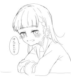 Rule 34 | 1girl, blush, braid, center-flap bangs, commentary, dress, greyscale, grin, hasu no sora school uniform, highres, kachimachi kosuzu, link! like! love live!, long hair, long sleeves, looking at viewer, love live!, monochrome, othiwo, sailor collar, sailor dress, school uniform, side braids, simple background, smile, solo, translation request, upper body, virtual youtuber, white background, winter uniform