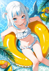 1girl afloat bare_shoulders bikini blue_eyes blue_hair blush breasts closed_mouth collarbone commentary commentary_request day english_commentary feet_out_of_frame frilled_bikini frills gawr_gura hair_ornament highres hololive hololive_english innertube knees_together_feet_apart lokyin_house long_hair looking_at_viewer multicolored_hair navel outdoors small_breasts smile solo streaked_hair swim_ring swimsuit thigh_gap two_side_up virtual_youtuber water white_bikini white_hair
