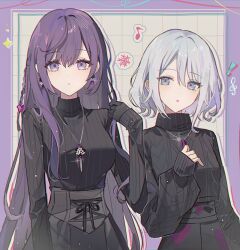 2girls asahina_mafuyu black_sweater black_vest collared_sweater grey_hair hattaea highres long_hair looking_at_viewer multiple_girls parted_lips project_sekai purple_hair short_hair sweater upper_body vest yoisaki_kanade