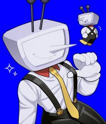 1boy ant_tenna black_pants blue_background chibi chibi_inset crt deltarune gloves male_focus necktie nnagi0111 object_head pants pointy_nose shirt shirt_tucked_in simple_background smile sparkle suspenders suspenders_pull white_gloves white_shirt yellow_necktie