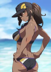 1girl ass bare_shoulders baseball_cap bikini black_bikini blue_sky blush breasts brown_eyes brown_hair cowboy_shot dark-skinned_female dark_skin day female_protagonist_(pokemon_go) from_behind fukushi_ryouhei hair_between_eyes hands_on_own_hips hat highres lips long_hair looking_at_viewer looking_back medium_breasts nintendo ocean outdoors pokemon pokemon_go ponytail puckered_lips shiny_skin sky solo standing swimsuit toned