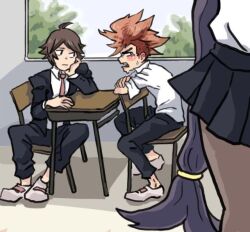 1girl 2boys ahoge alternate_costume benga_(pokemon) blush brown_hair collared_shirt dark-skinned_female dark_skin hilbert_(pokemon) iris_(pokemon) multicolored_hair multiple_boys necktie nintendo olee orange_hair pokemon pokemon_bw pokemon_bw2 purple_hair red_hair red_necktie school_uniform shirt shoes sitting sweat two-tone_hair white_shoes