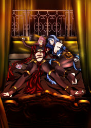 2girls alternate_costume alternate_hairstyle aphrodisiac arms_behind_back ass bdsm bed bedroom black_panties blue_hair blush bondage bottle bound bound_ankes bound_wrists breasts brown_eyes dancer dorothea_arnault_(plegian)_(cosplay) earrings female_focus fire_emblem fire_emblem:_three_houses fire_emblem_heroes fire_emblem_warriors:_three_hopes gag gagged gluteal_fold hair_between_eyes hairband harem harem_outfit hilda_valentine_goneril indoors jewelry kidnapped kidnapped_girl kou_(spad7u59) large_breasts legs long_hair lying marianne_von_edmund medium_breasts medium_hair midriff multiple_girls nintendo official_alternate_hairstyle on_back on_bed panties pantyhose pelvic_curtain pillow pink_eyes pink_hair plegian ponytail restrained slave spread_eagle_position spread_legs stationary_restraints stirrup_legwear sweat toeless_legwear underwear