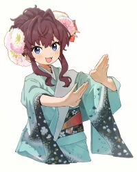 1girl :3 blue_eyes blush brown_hair hair_ornament highres ichinose_shiki idolmaster idolmaster_cinderella_girls japanese_clothes kanzashi kimono nendo23 open_mouth smile updo upper_body yukata