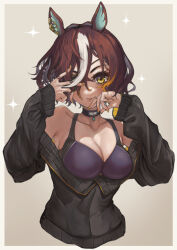 1girl :p animal_ears bare_shoulders black_sweater border bra breasts brown_hair choker cropped_torso ear_ornament eyepatch fingernails grey_background hair_over_one_eye hands_up highres horse_ears jewelry long_bangs long_sleeves looking_at_viewer medium_breasts multicolored_hair nail_polish one_eye_covered outside_border parted_bangs rustycork short_hair simple_background sleeves_past_wrists smile solo sweater tanino_gimlet_(umamusume) tongue tongue_out two-tone_hair umamusume underwear upper_body white_border white_hair yellow_eyes yellow_nails