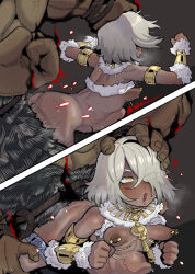 1boy 1girl absurdres ahegao akuma_(street_fighter) armlet barbell_piercing body_freckles breasts dark-skinned_female dark-skinned_male dark_skin deep_penetration ebonyxh freckles fucked_silly grey_hair hand_on_another&#039;s_head hetero highres jewelry large_insertion large_penis monster_hunter_(series) monster_hunter_wilds nipple_piercing nipples nude penis piercing pointy_breasts rape rolling_eyes saliva sex sex_from_behind short_hair size_difference small_breasts solaria_(ebonyxh) stomach_bulge street_fighter sweat vambraces yellow_eyes