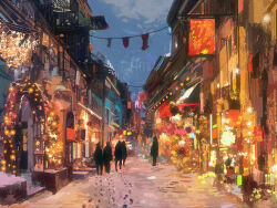 Rule 34 | 5others, arch, blue sky, building, city, clothesline, dkaism, footprints, from behind, full body, glowing, hat, lantern, market stall, multiple others, original, painterly, paper lantern, plant, scenery, sign, silhouette, sky, string lights, trellis, walking