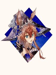 1girl :d ambience_synesthesia amiya_(arknights) amiya_(medic)_(arknights) amiya_(medic)_(solo_around_the_world)_(arknights) animal_ears arknights black_hat blue_eyes border brown_hair commentary diamond_border ears_through_headwear frilled_hat frills grey_border hair_between_eyes hat highres long_hair official_alternate_costume open_mouth outside_border portrait smile solo sparkle symbol-only_commentary uuo1_(faraway34878) witch_hat