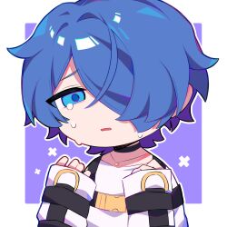 1boy blue_eyes blue_hair border chibi chibi_only crying crying_with_eyes_open hair_over_one_eye hands_up highres jewelry looking_at_viewer male_focus milgram necklace outline outside_border parted_lips purple_background rectangular_mouth sakurai_haruka_(milgram) short_hair solo tears white_border white_outline yingwux1